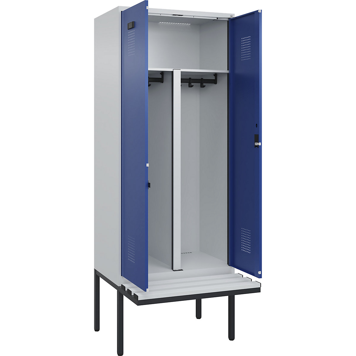 Armadietto sporco/pulito con panca Evolo PLUS, 2 scomparti, tramezza ridotta, grigio chiaro / blu genziana, largh. 800 mm, serratura a cilindro, con panca sporgente, plastica-0