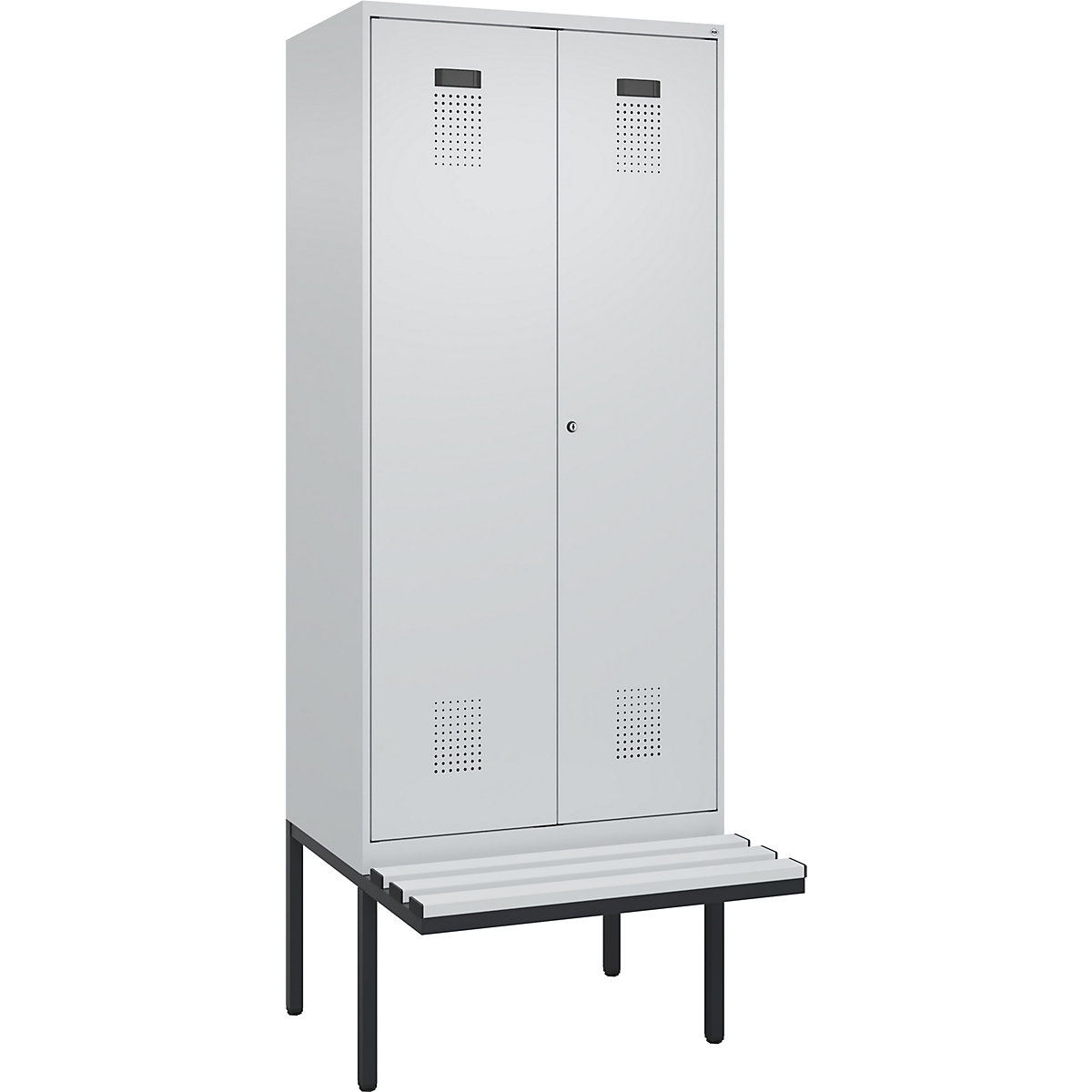 Armadietto sporco/pulito con panca Evolo PLUS, 2 scomparti, tramezza ridotta, grigio chiaro / grigio chiaro, largh. 800 mm, serratura a cilindro, con panca sporgente, plastica-0
