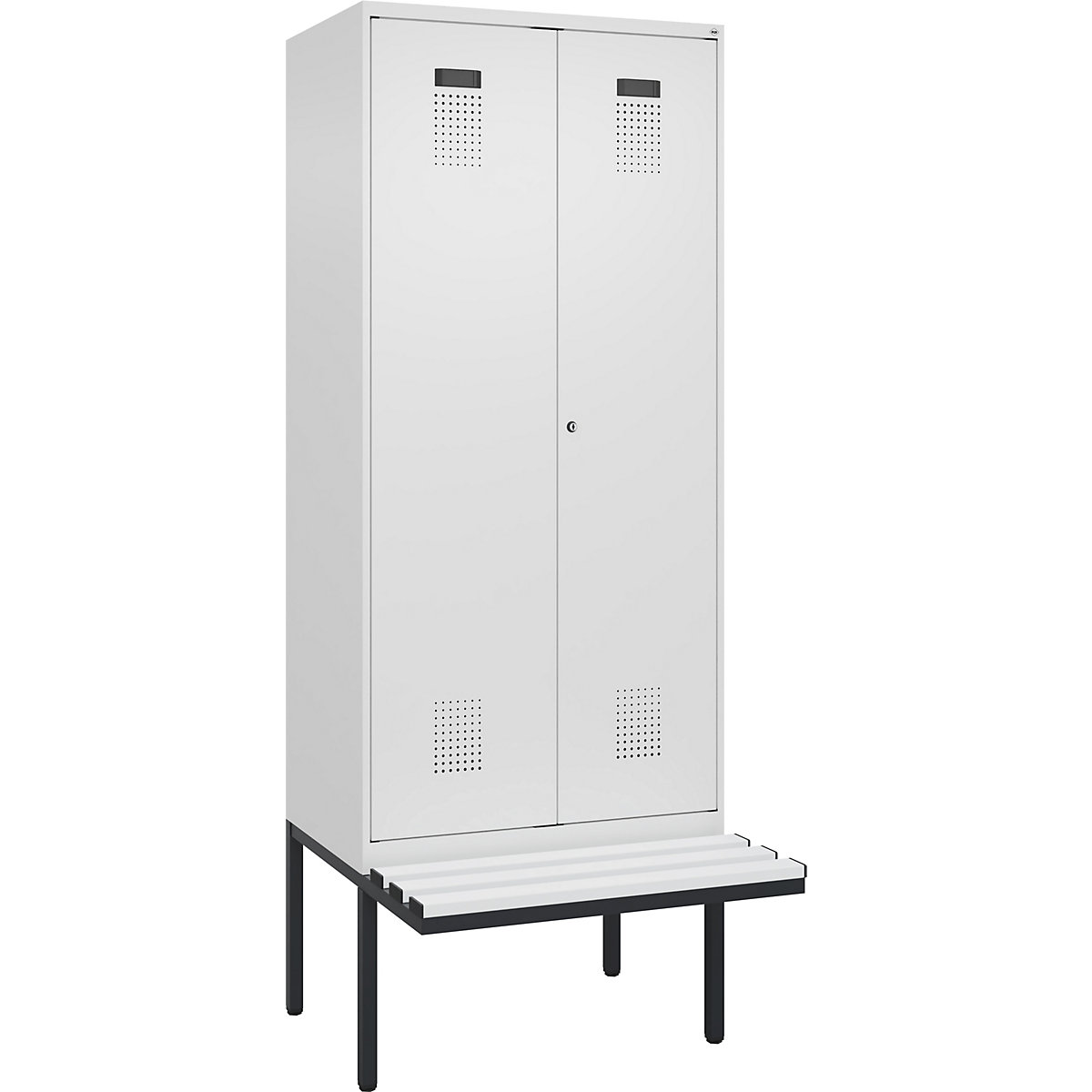 Armadietto sporco/pulito con panca Evolo PLUS, 2 scomparti, tramezza ridotta, bianco, largh. 800 mm, serratura a cilindro, con panca sporgente, plastica-0