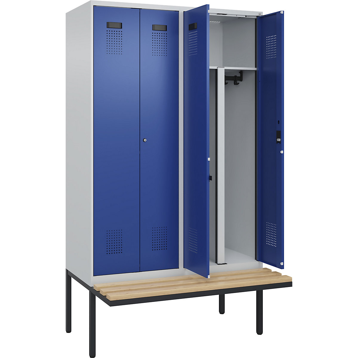 Armadietto sporco/pulito con panca Evolo PLUS, 4 scomparti, tramezza ridotta, grigio chiaro / blu genziana, largh. 1200 mm, serratura a cilindro, con panca sporgente, faggio-0