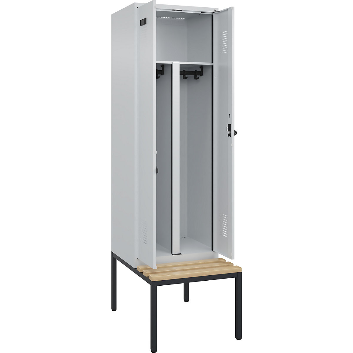 Armadietto sporco/pulito con panca Evolo PLUS, 2 scomparti, tramezza ridotta, grigio chiaro / grigio chiaro, largh. 600 mm, serratura girevole di sicurezza, con panca integrata, faggio-0