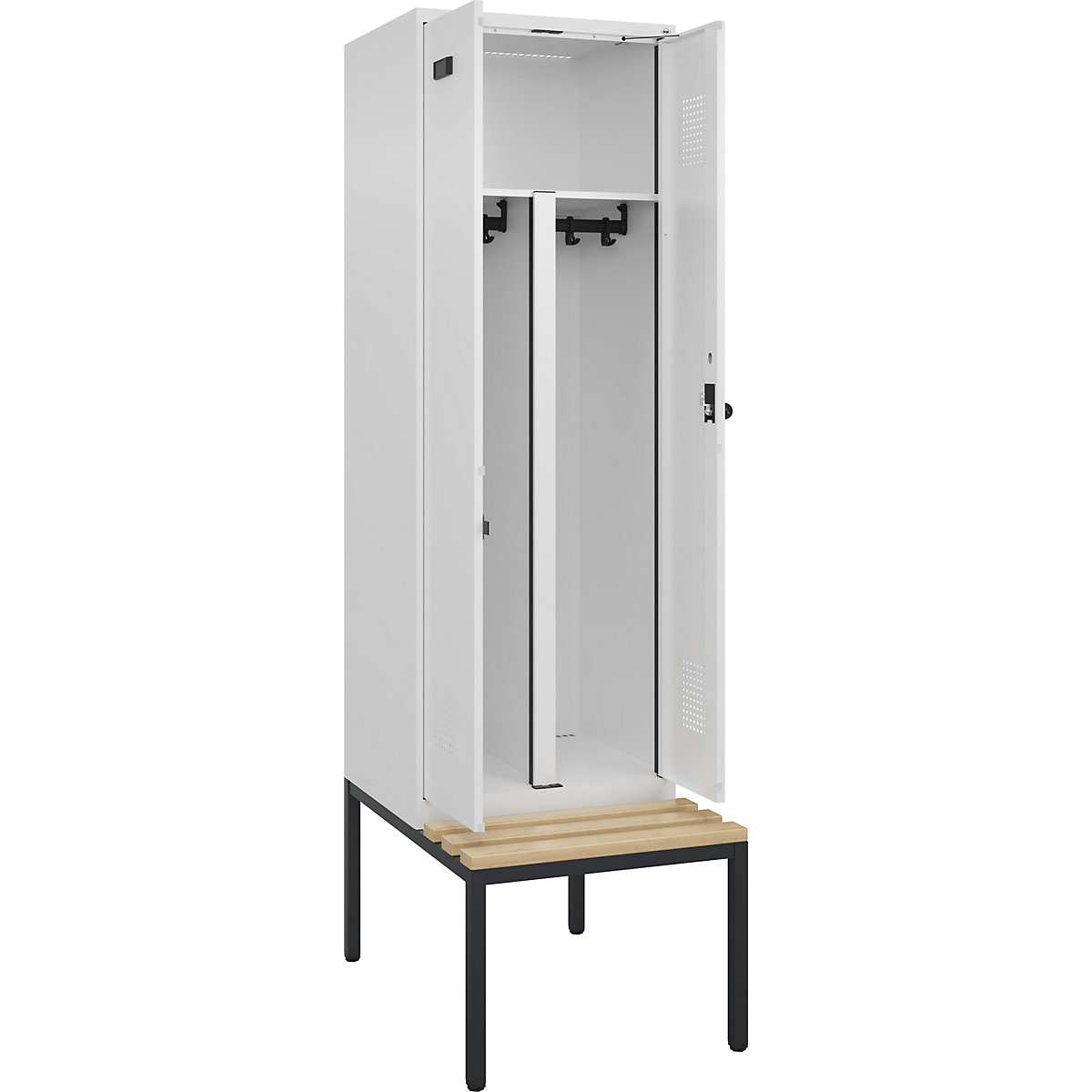 Armadietto sporco/pulito con panca Evolo PLUS, 2 scomparti, tramezza ridotta, bianco, largh. 600 mm, serratura girevole di sicurezza, con panca integrata, faggio-0
