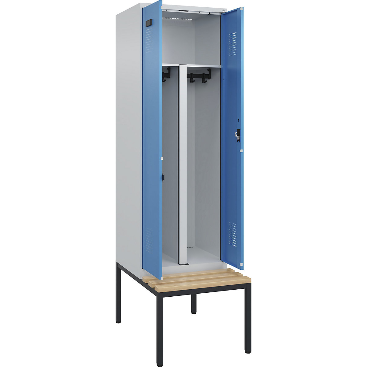 Armadietto sporco/pulito con panca Evolo PLUS, 2 scomparti, tramezza ridotta, grigio chiaro / blu chiaro, largh. 600 mm, serratura a cilindro, con panca integrata, faggio-0