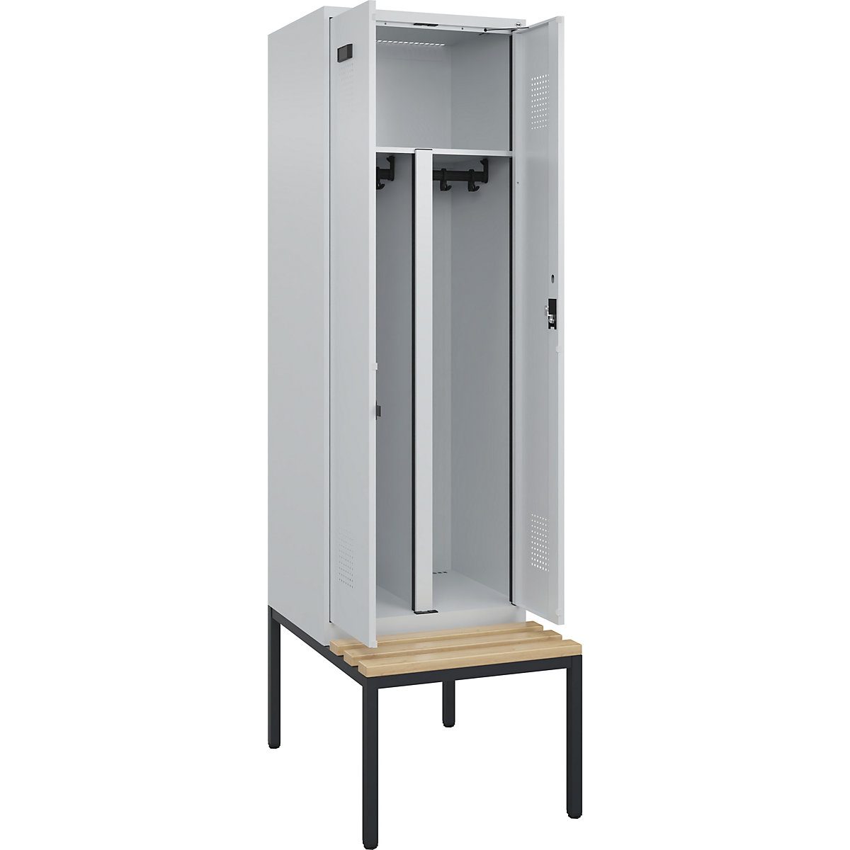 Armadietto sporco/pulito con panca Evolo PLUS, 2 scomparti, tramezza ridotta, grigio chiaro / grigio chiaro, largh. 600 mm, serratura a cilindro, con panca integrata, faggio-0