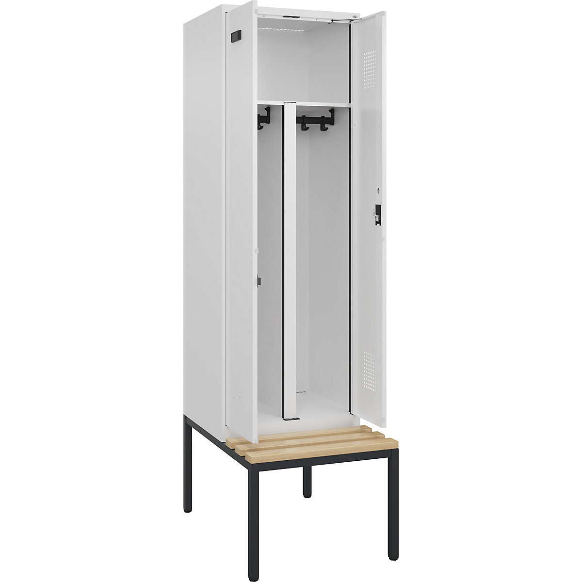 Armadietto sporco/pulito con panca Evolo PLUS, 2 scomparti, tramezza ridotta, bianco, largh. 600 mm, serratura a cilindro, con panca integrata, faggio-0