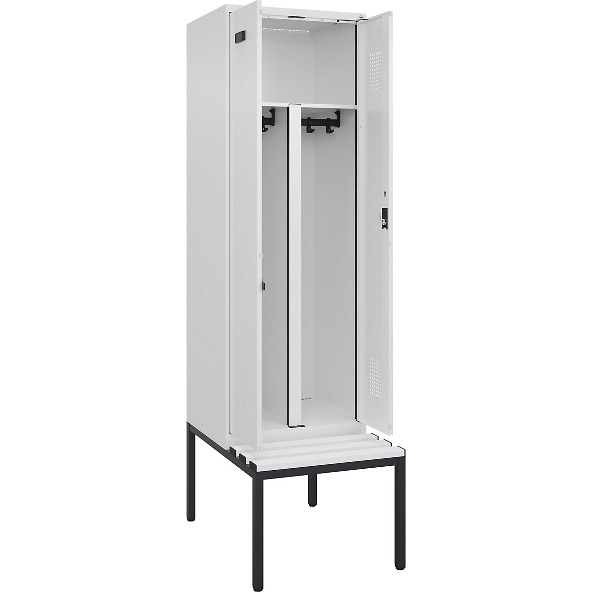 Armadietto sporco/pulito con panca Evolo PLUS, 2 scomparti, tramezza ridotta, bianco, largh. 600 mm, serratura a cilindro, con panca integrata, plastica-0