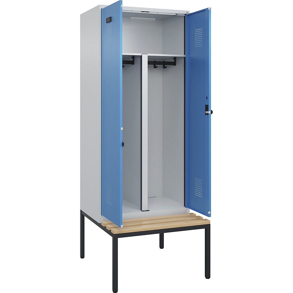 Armadietto sporco/pulito con panca Evolo PLUS, 2 scomparti, tramezza ridotta, grigio chiaro / blu chiaro, largh. 800 mm, serratura girevole di sicurezza, con panca integrata, faggio-0
