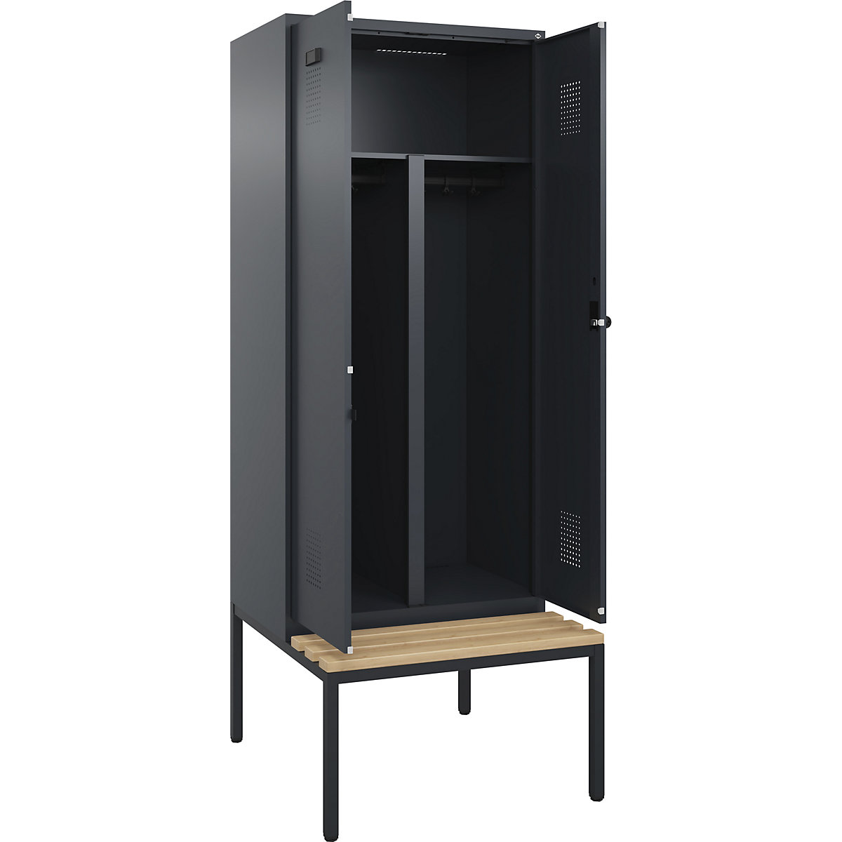 Armadietto sporco/pulito con panca Evolo PLUS, 2 scomparti, tramezza ridotta, grigio, largh. 800 mm, serratura girevole di sicurezza, con panca integrata, faggio-0
