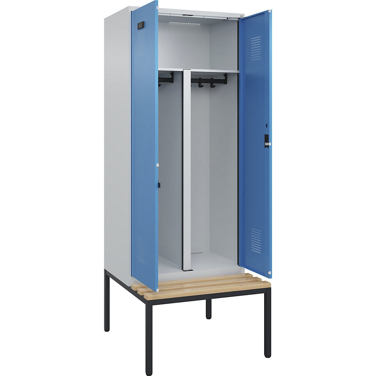Armadietto sporco/pulito con panca Evolo PLUS, 2 scomparti, tramezza ridotta, grigio chiaro / blu chiaro, largh. 800 mm, serratura a cilindro, con panca integrata, faggio-0