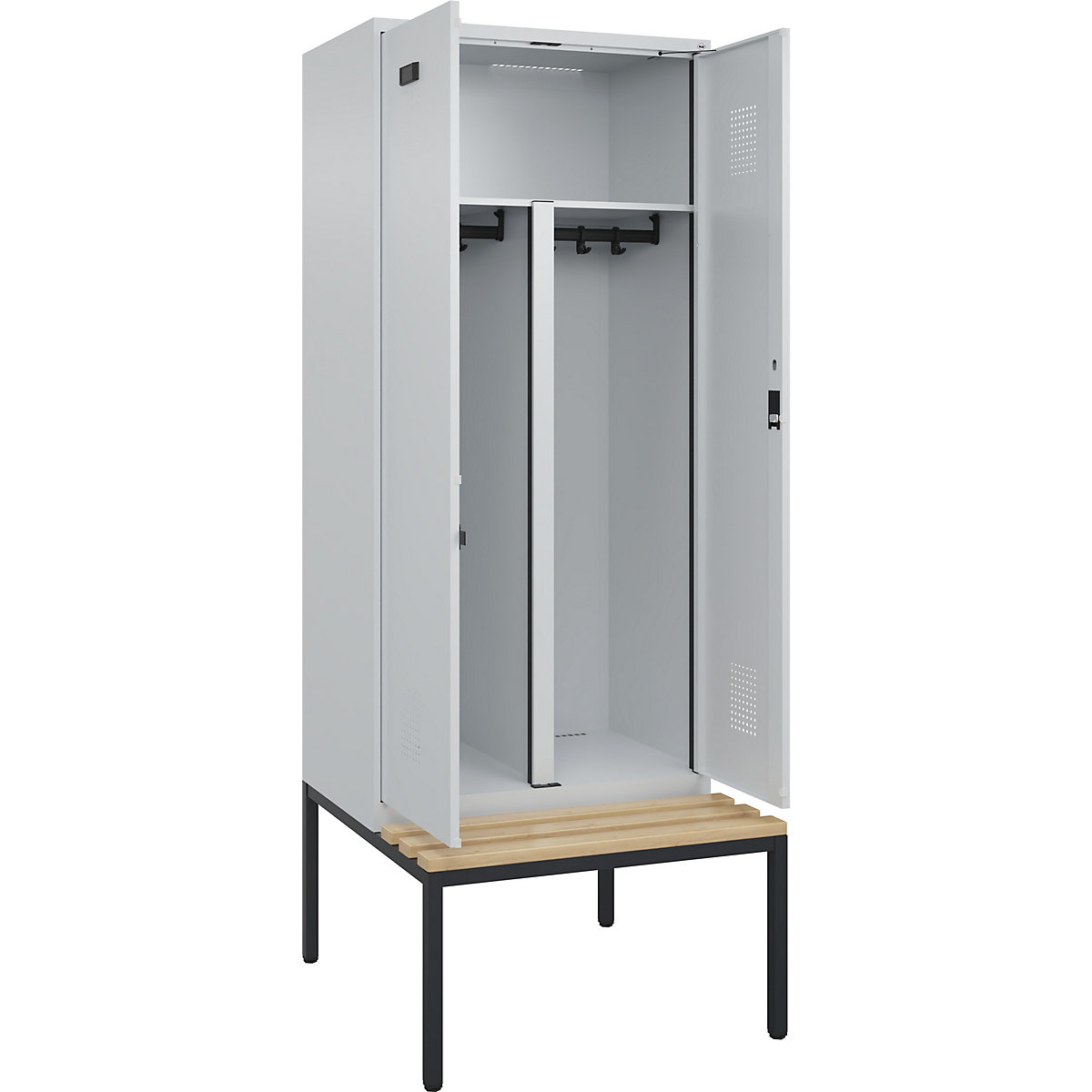 Armadietto sporco/pulito con panca Evolo PLUS, 2 scomparti, tramezza ridotta, grigio chiaro / grigio chiaro, largh. 800 mm, serratura a cilindro, con panca integrata, faggio-0