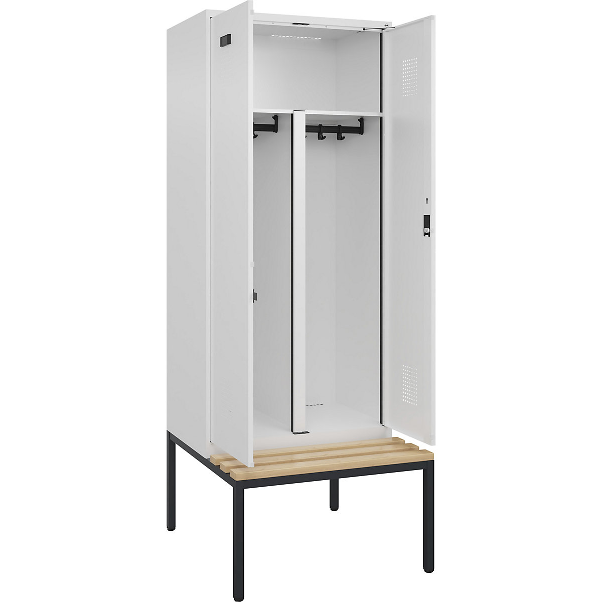 Armadietto sporco/pulito con panca Evolo PLUS, 2 scomparti, tramezza ridotta, bianco, largh. 800 mm, serratura a cilindro, con panca integrata, faggio-0