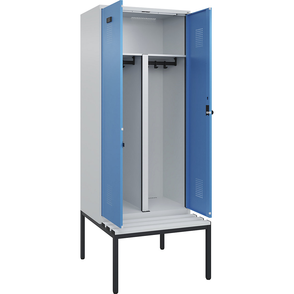Armadietto sporco/pulito con panca Evolo PLUS, 2 scomparti, tramezza ridotta, grigio chiaro / blu chiaro, largh. 800 mm, serratura girevole di sicurezza, con panca integrata, plastica-0