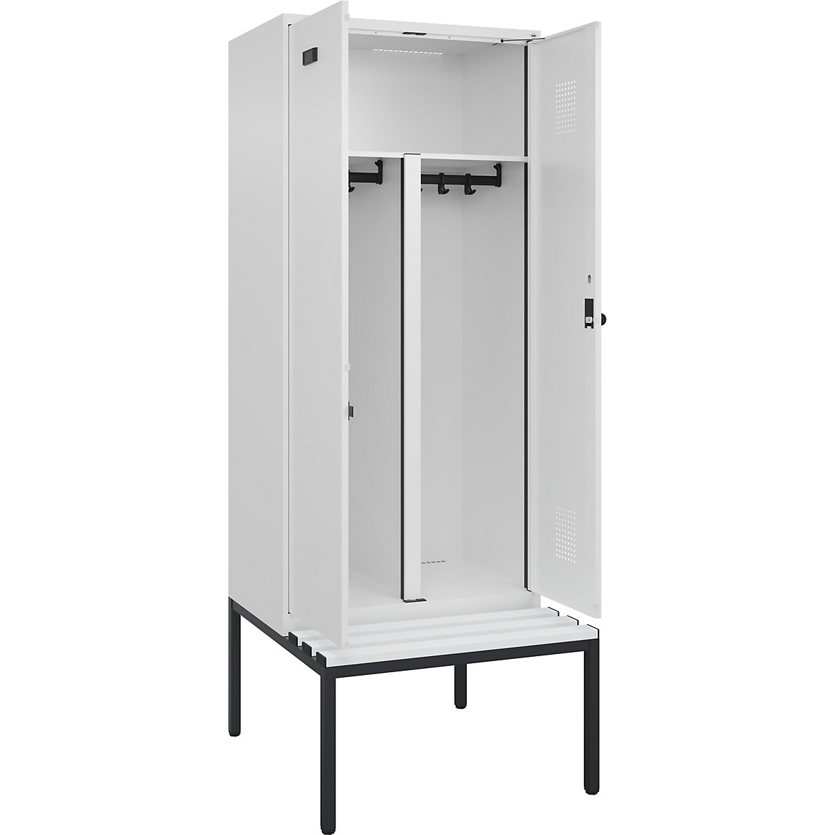 Armadietto sporco/pulito con panca Evolo PLUS, 2 scomparti, tramezza ridotta, bianco, largh. 800 mm, serratura girevole di sicurezza, con panca integrata, plastica-0