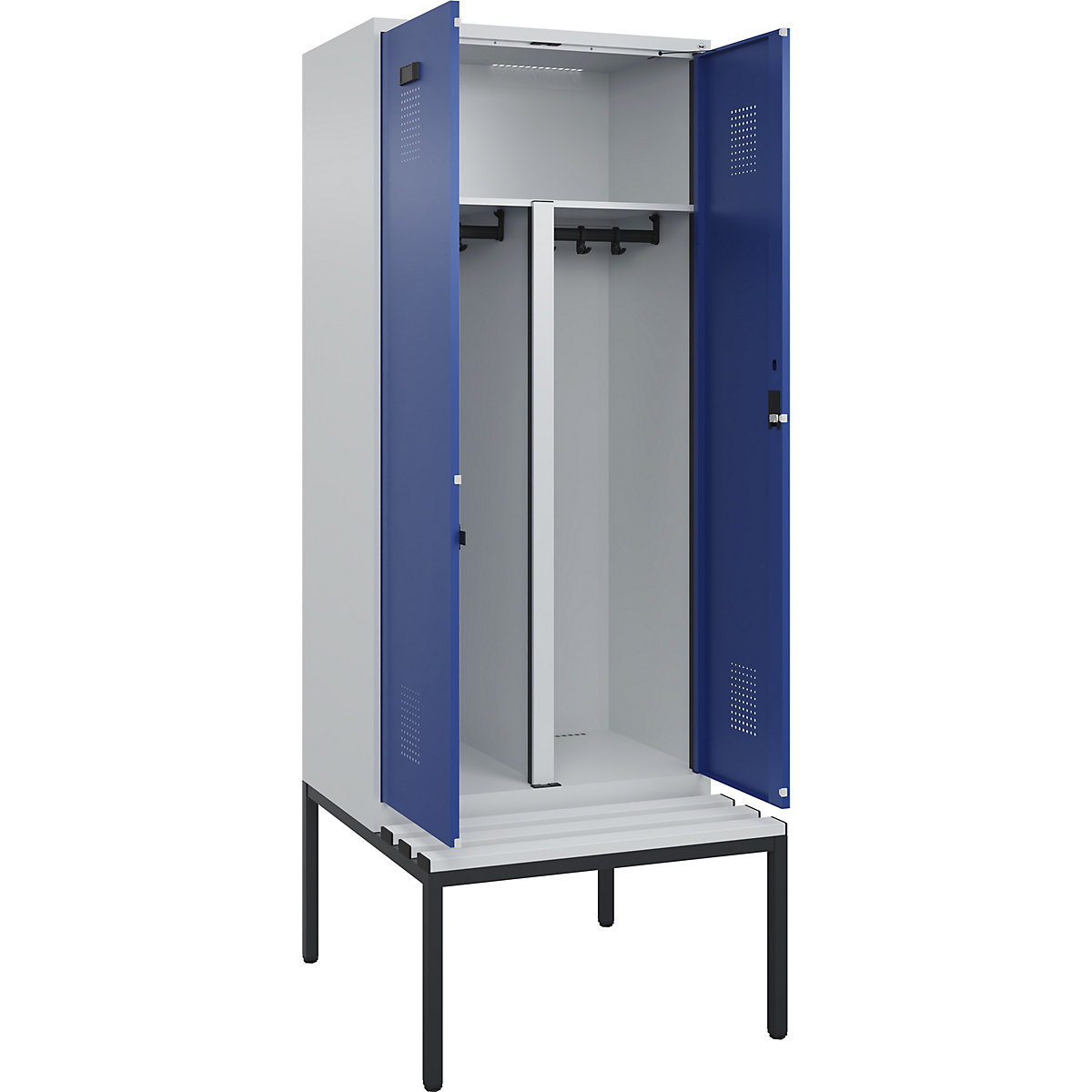 Armadietto sporco/pulito con panca Evolo PLUS, 2 scomparti, tramezza ridotta, grigio chiaro / blu genziana, largh. 800 mm, serratura a cilindro, con panca integrata, plastica-0