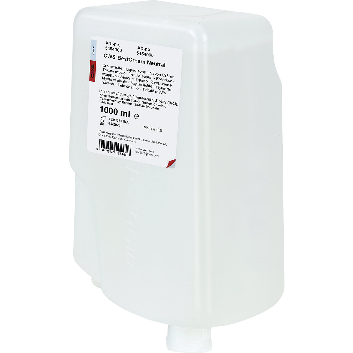 Sapone liquido Best Cream – CWS, conf. da 12 flaconi da 1 l, neutro, senza profumo-1