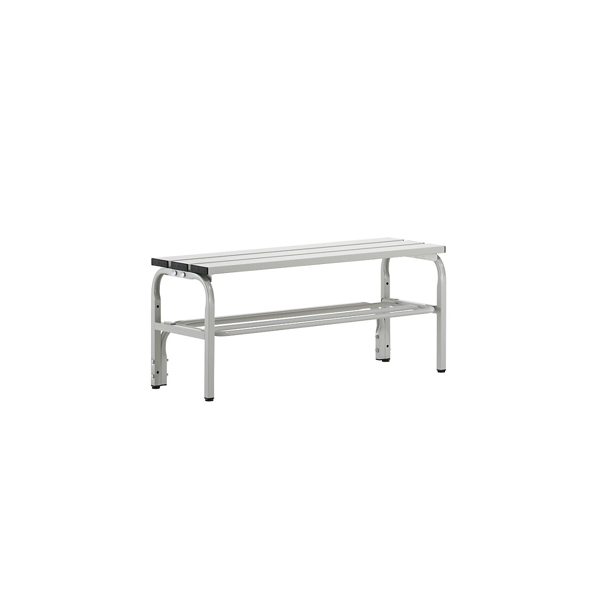 Panca in acciaio inox per spogliatoi – Sypro, alt. x prof. 450 x 350 mm, lunghezza 1015 mm, grigio chiaro, ripiano per scarpe-0