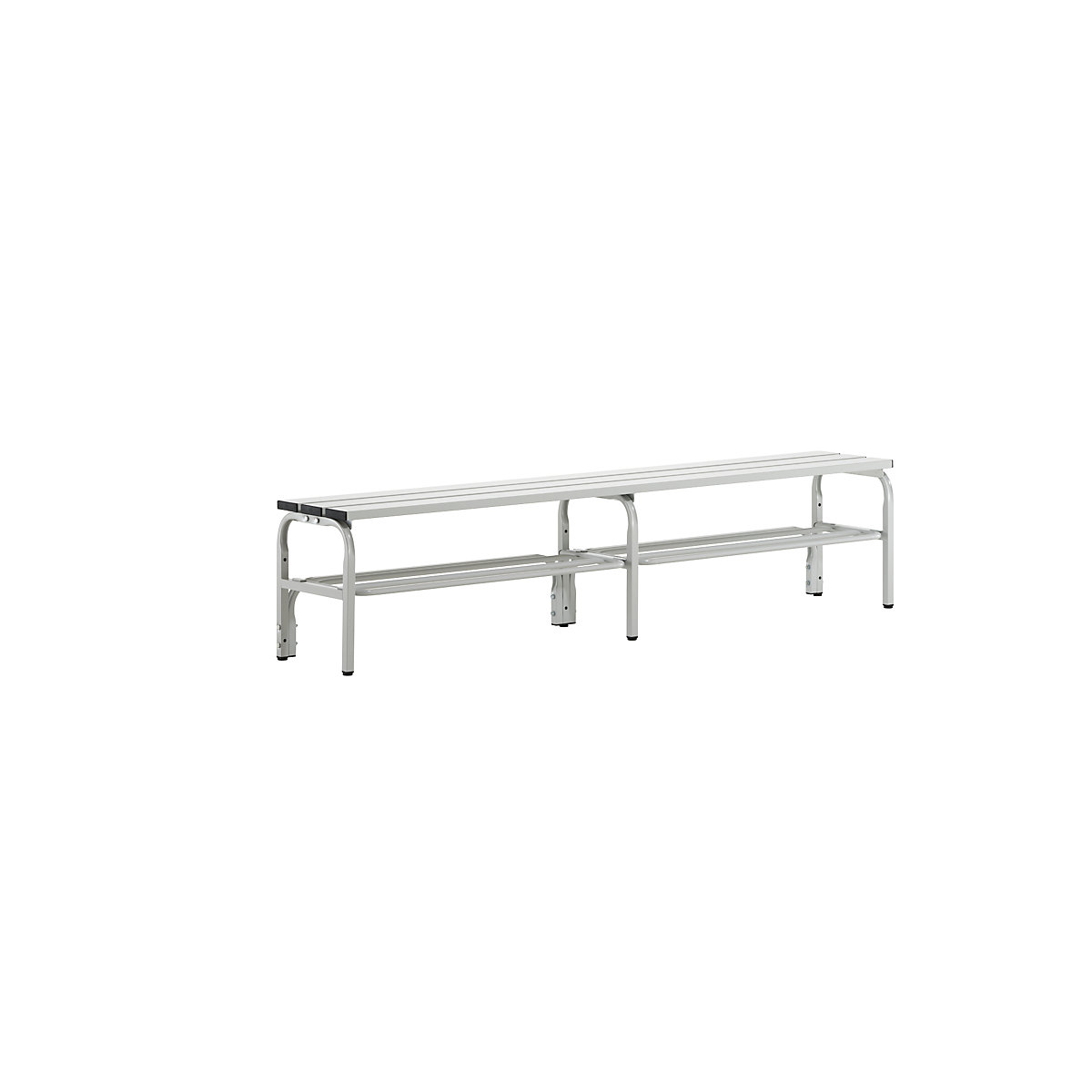 Panca in acciaio inox per spogliatoi – Sypro, alt. x prof. 450 x 350 mm, lunghezza 1500 mm, grigio chiaro, ripiano per scarpe-0