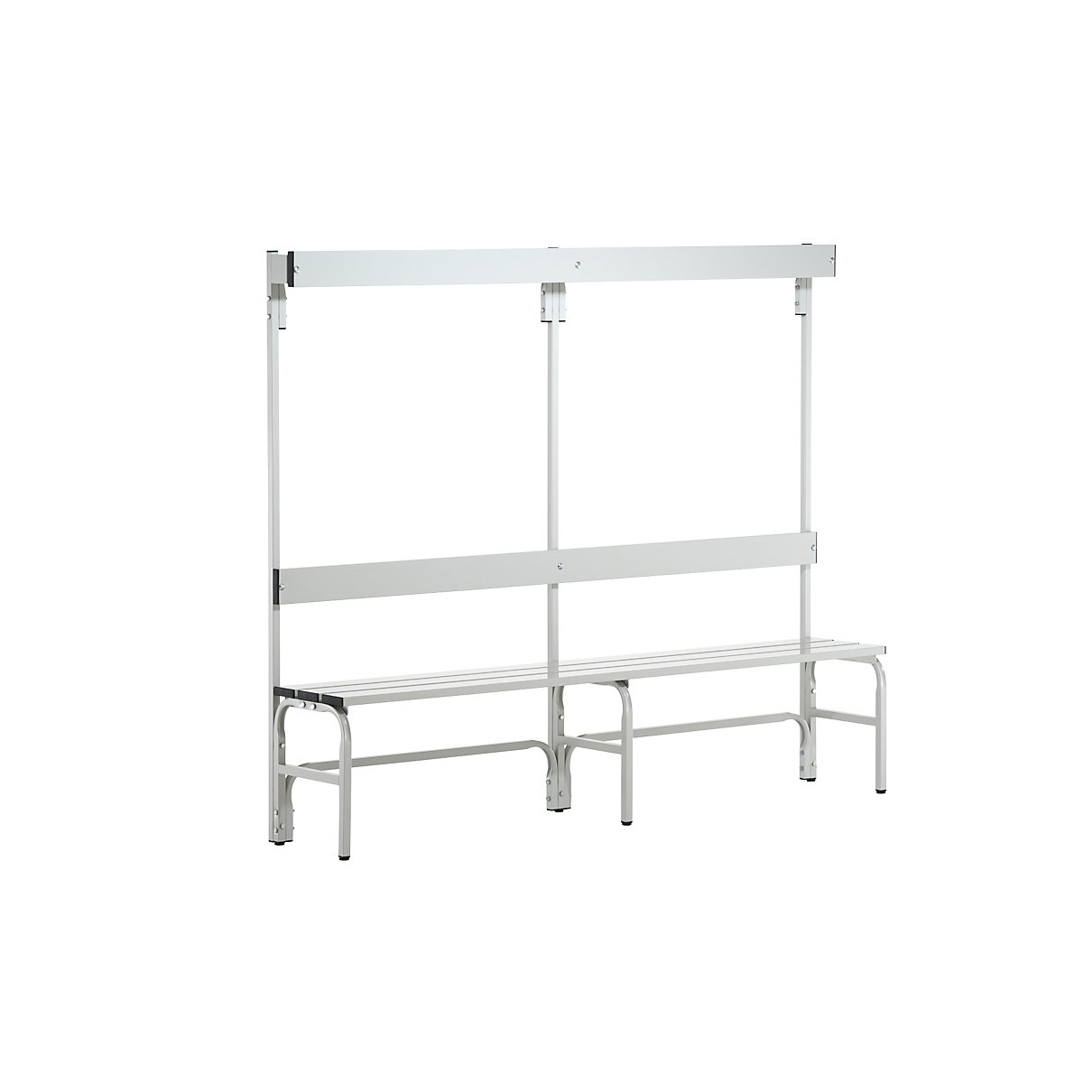 Panca in acciaio inox per spogliatoi – Sypro, alt. x prof. 1650 x 375 mm, lunghezza 1500 mm, 6 ganci, grigio chiaro-0