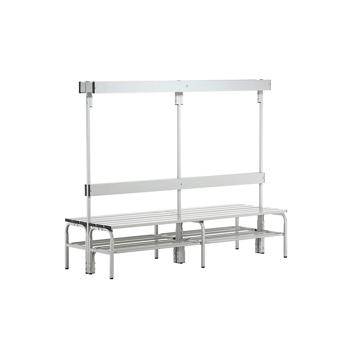 Panca in acciaio inox per spogliatoi – Sypro, alt. x prof. 1650 x 725 mm, lunghezza 1500 mm, 12 ganci, grigio chiaro, ripiano per scarpe-0