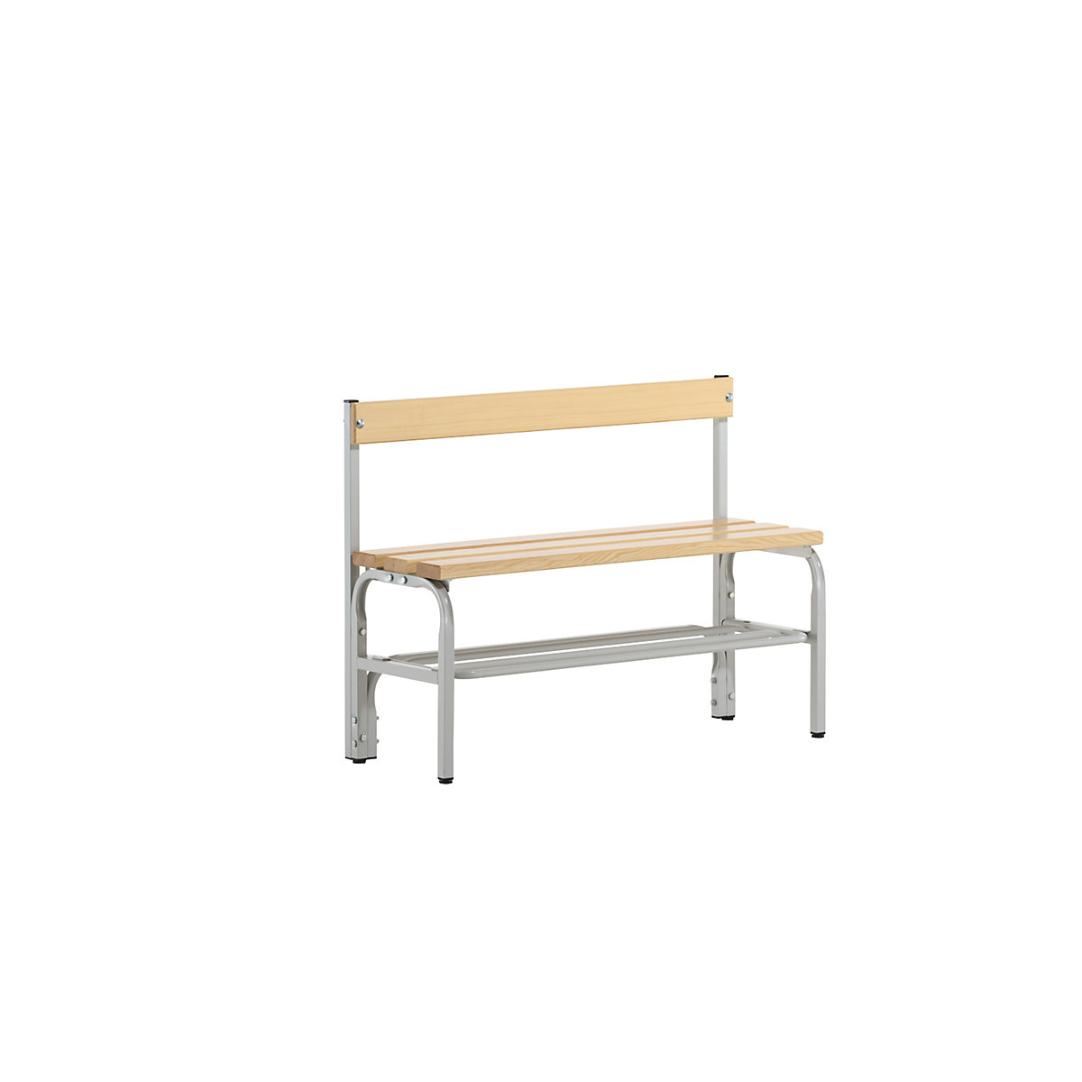 Panca per spogliatoi, altezza media con schienale, un lato utile – Sypro, doghe in legno di pino, lunghezza 1015 mm, grigio chiaro, ripiano per scarpe-0