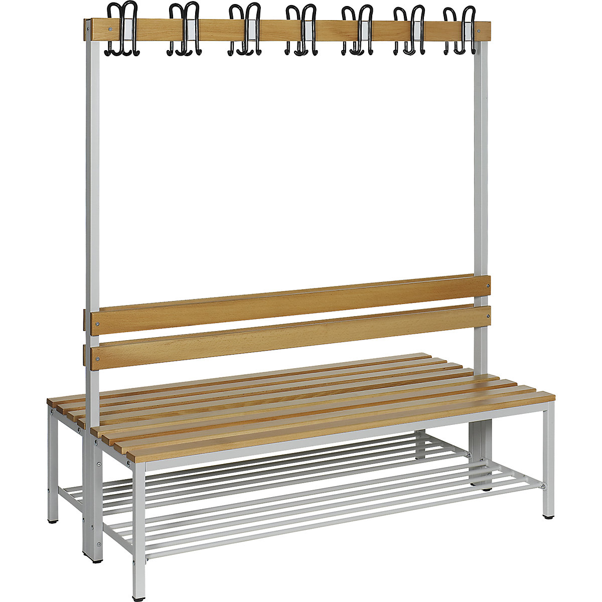 Panca per spogliatoi con schienale, due lati utili – eurokraft basic, doghe in legno di faggio, lunghezza 1500 mm-0