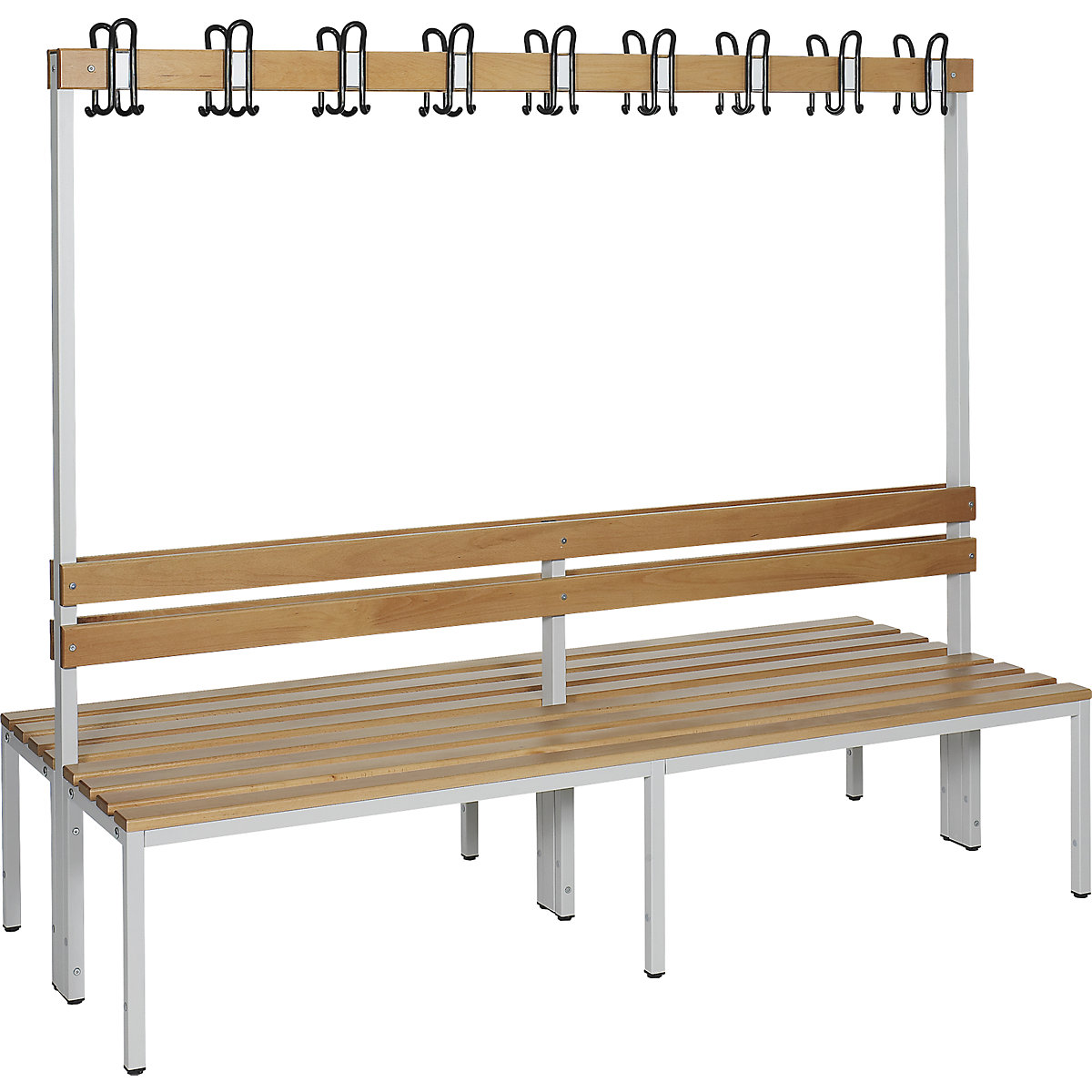 Panca per spogliatoi con schienale, due lati utili – eurokraft basic, doghe in legno di faggio, lunghezza 2000 mm-0