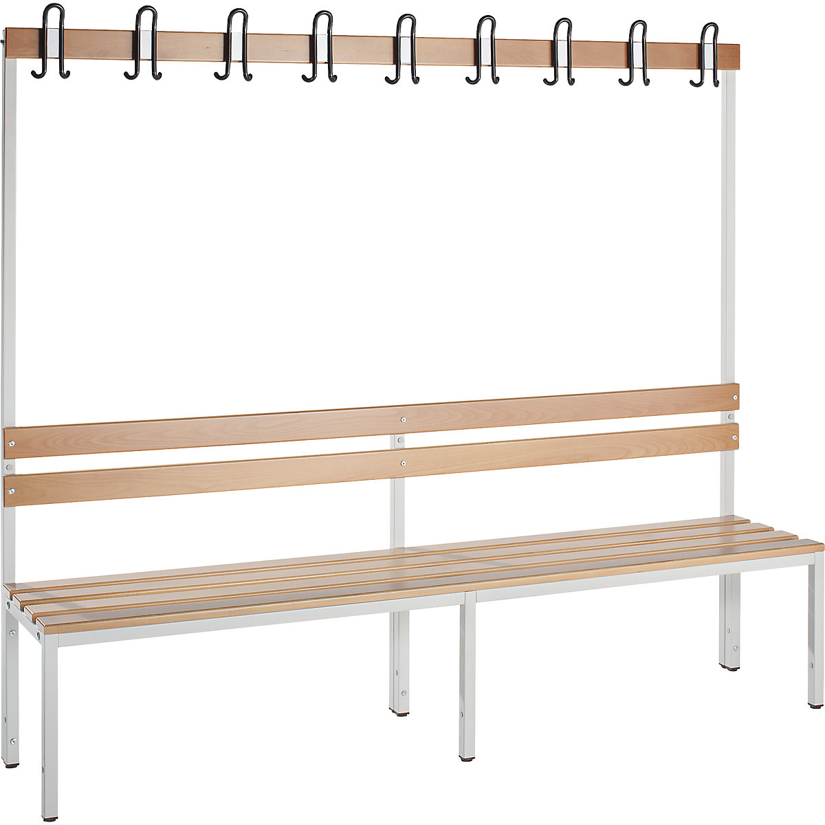 Panca per spogliatoi con schienale, un lato utile – eurokraft basic, doghe in legno di faggio, lunghezza 2000 mm-0