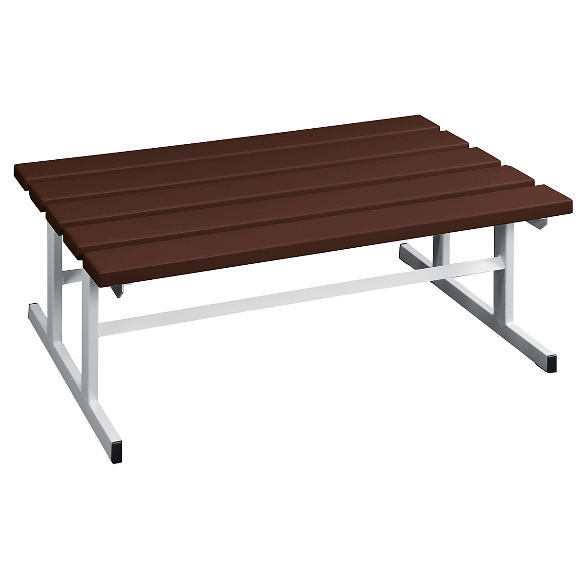 Panca per spogliatoi, due lati utili – Wolf, doghe in PVC, marrone, lunghezza 1000 mm-0