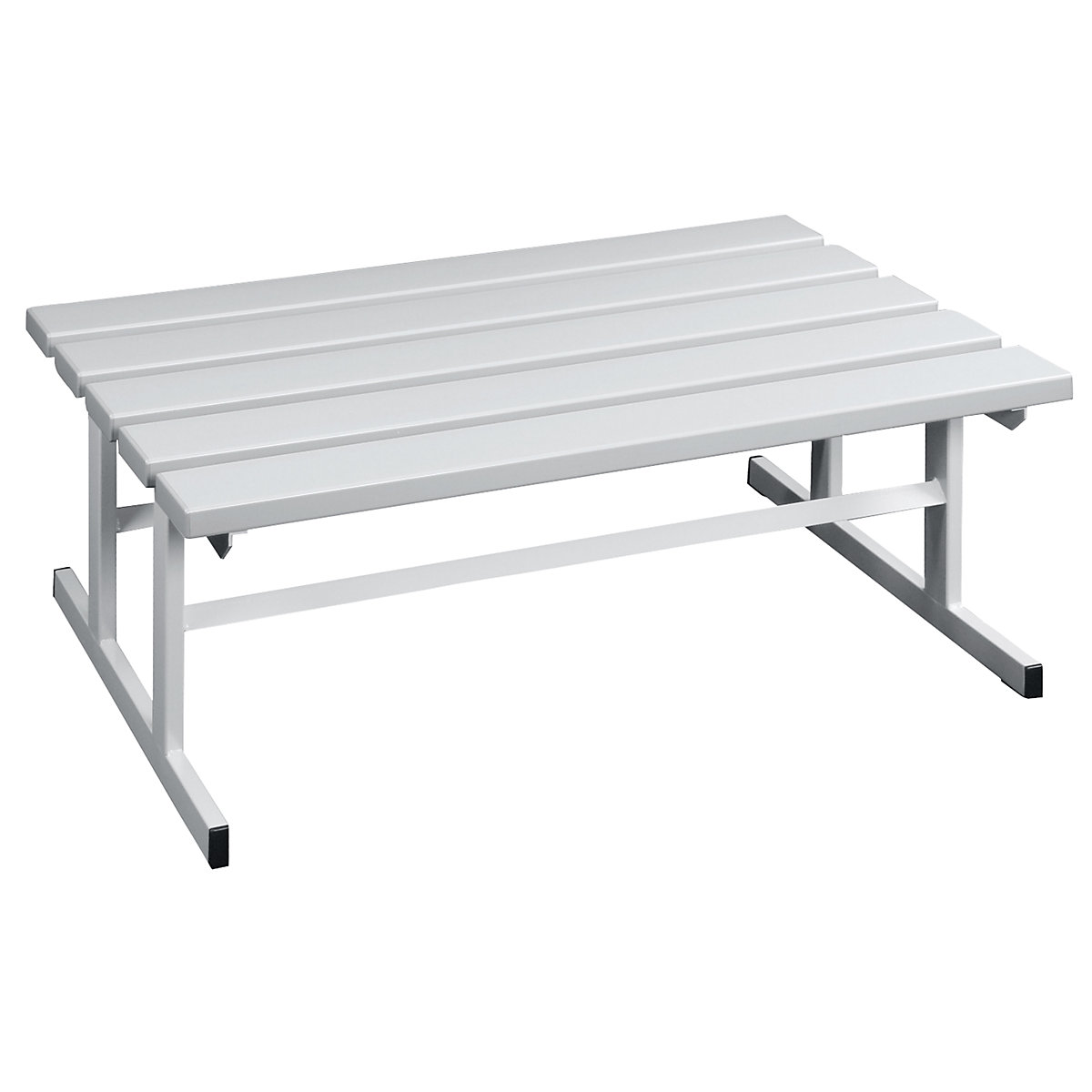 Panca per spogliatoi, due lati utili – Wolf, doghe in PVC, grigio chiaro, lunghezza 1000 mm-0