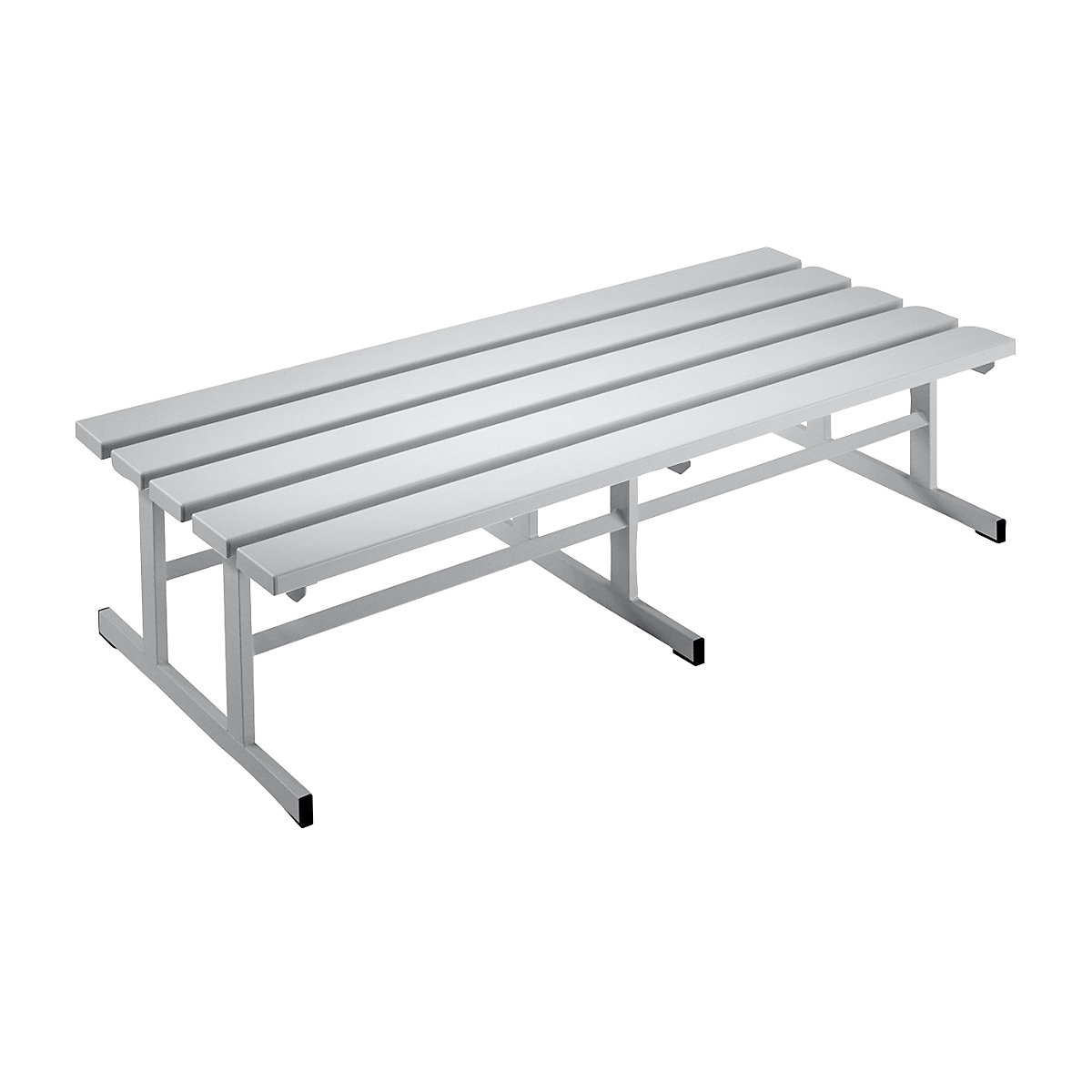Panca per spogliatoi, due lati utili – Wolf, doghe in PVC, grigio chiaro, lunghezza 1500 mm-0