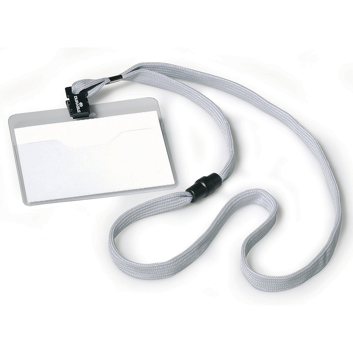 Targhetta per nome con nastro in tessuto – DURABLE, con clip, alt. x largh. 60 x 90 mm, grigio, conf. da 40 pz.-0