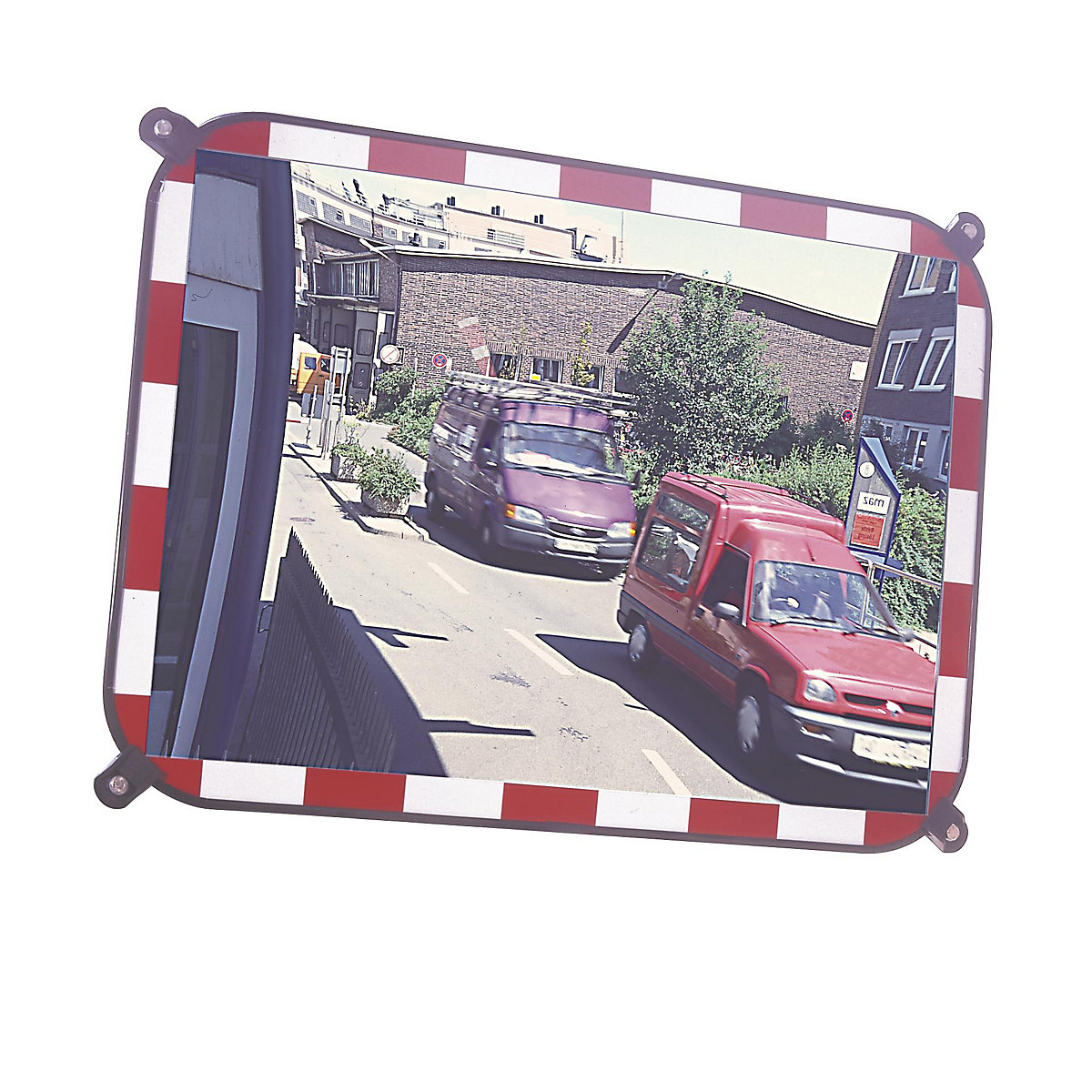 Verkehrsspiegel aus Sekurit-Glas, rahmenlos, mit rot/weiß reflektierenden Blickfangrand, Spiegelmaße BxH 800 x 600 mm-0