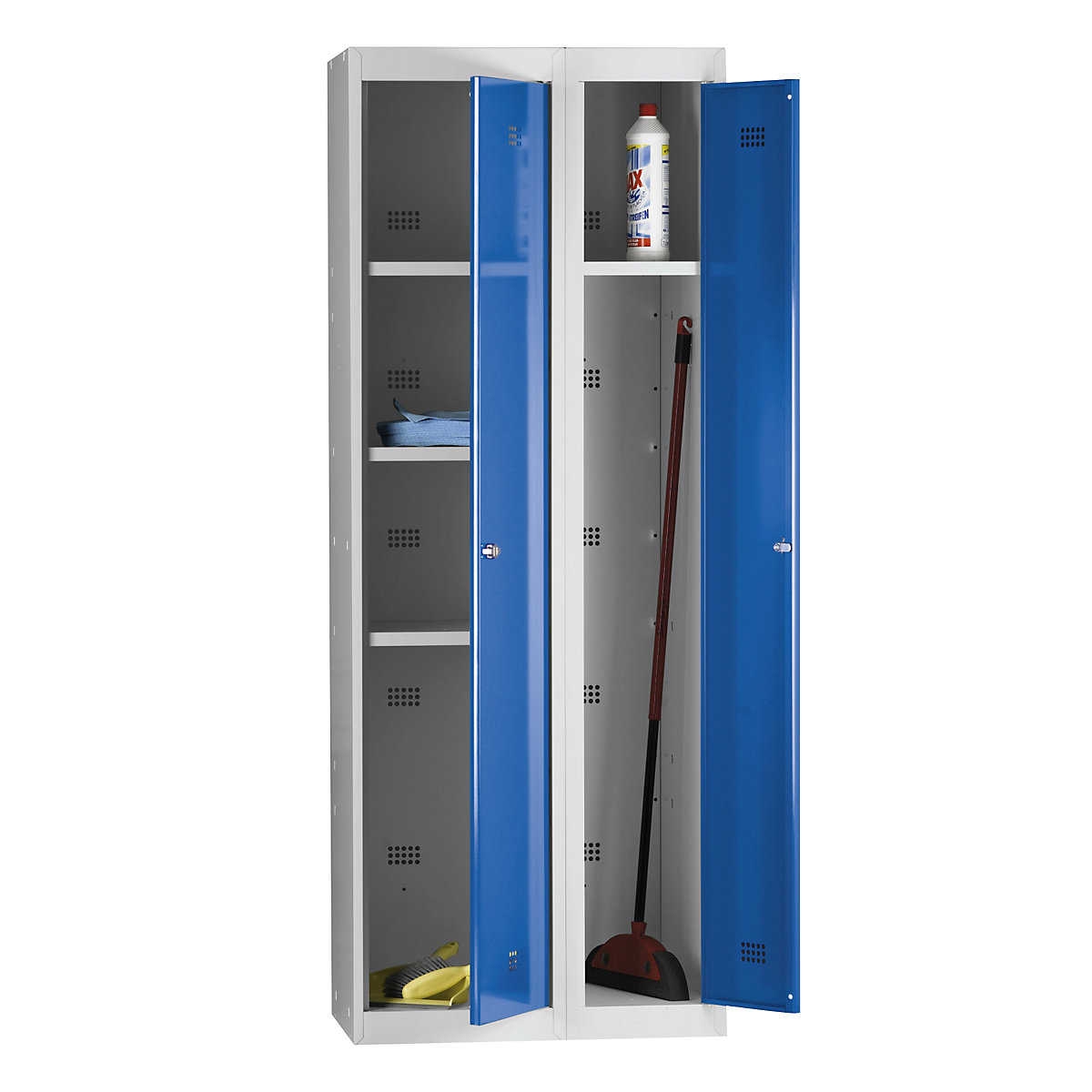 Armadio per pulizie Hamburg – Wolf, 2 scomparti, grigio chiaro / blu genziana, larghezza 700 mm-3