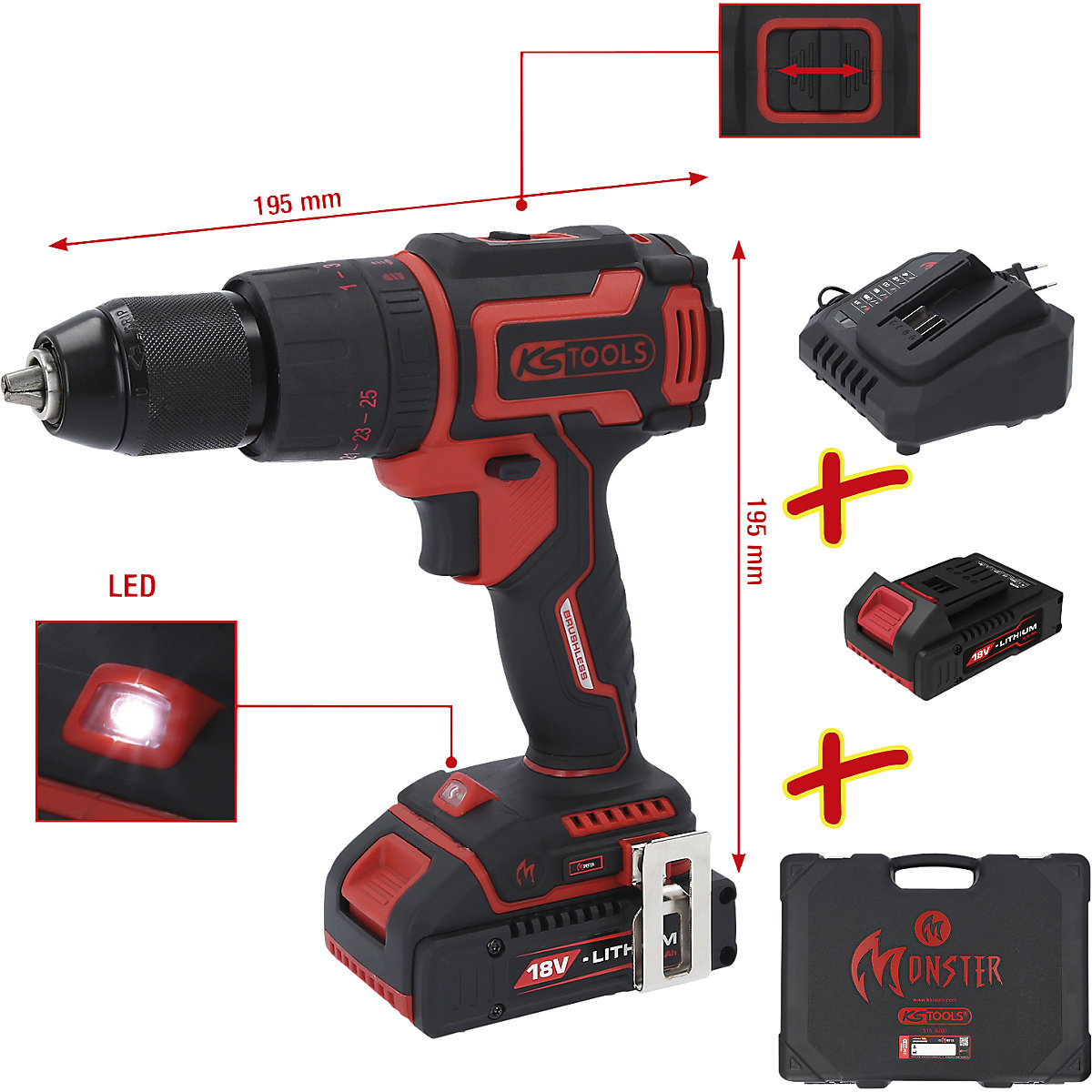 Trapano avvitatore a percussione a batteria brushless - Set da 4 pezzi – KS Tools