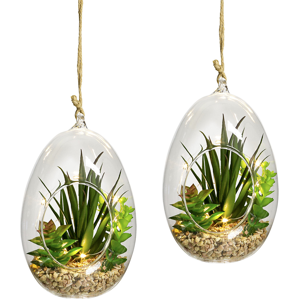 Sukkulenten-Mix mit LED, VE 2 Stk, in Glasgefäß 120 x 180 mm, zum Stellen oder Hängen