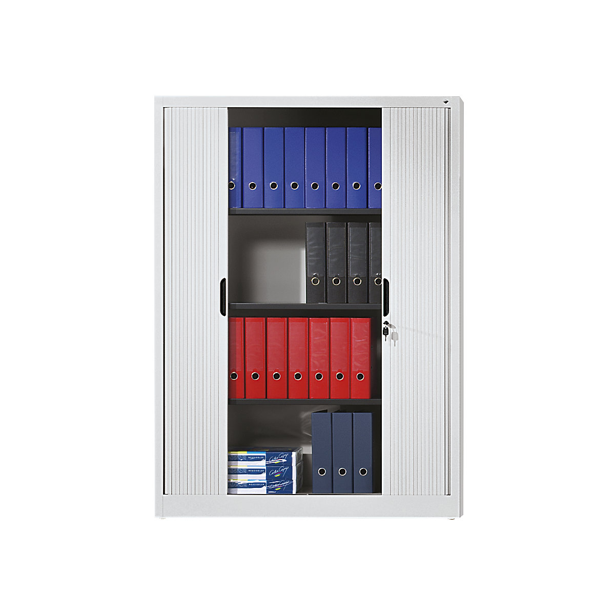 Rollladenschrank mit Horizontal-Jalousie C+P, HxBxT 1660 x 1200 x 420 mm, 3 Fachböden, 4 Ordnerhöhen, lichtgrau-0