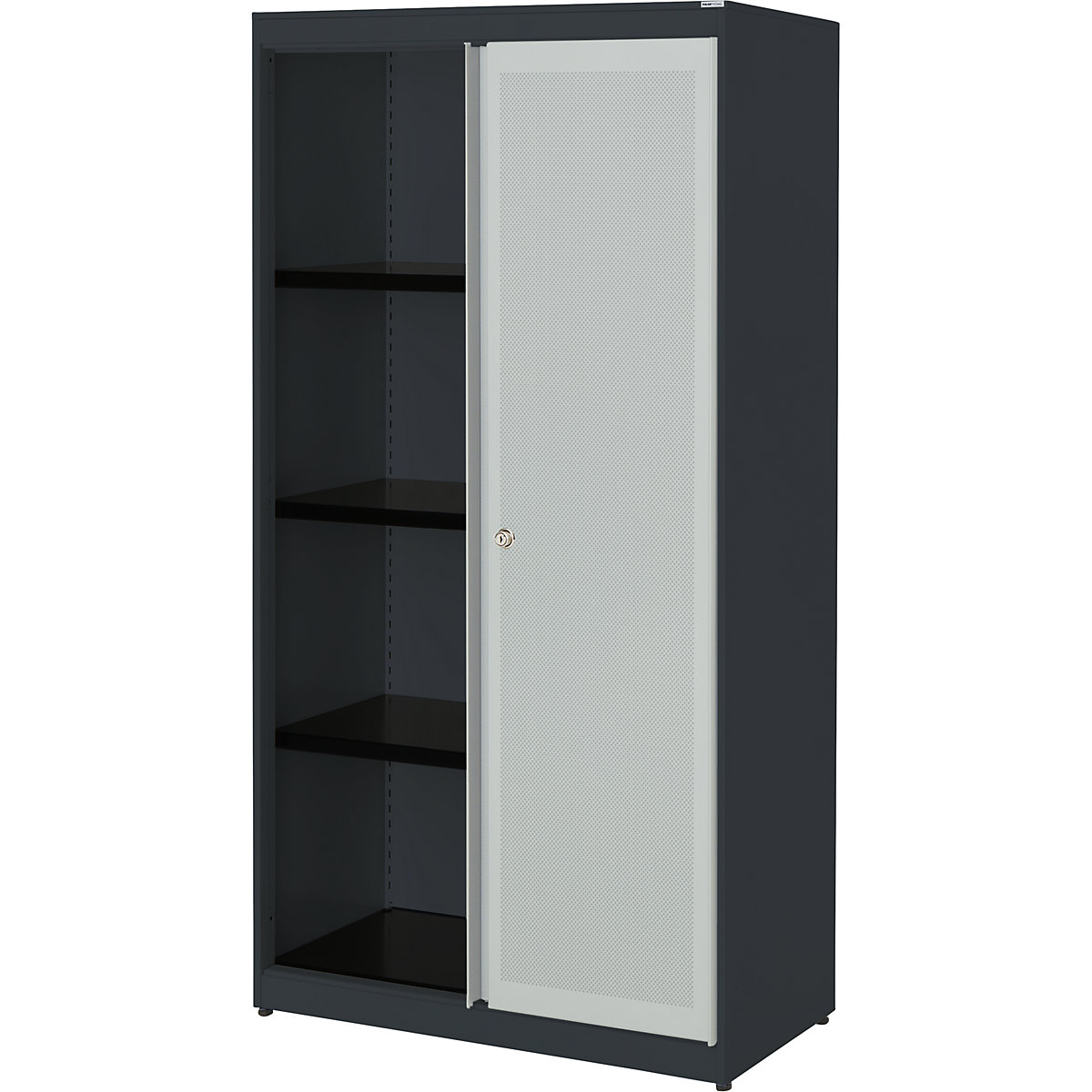 mauser Schiebetürenschrank, akustisch wirksam, Stahlplatte, HxBxT 1516 x 800 x 432 mm, 3 Fachböden, anthrazitgrau / lichtgrau / anthrazitgrau