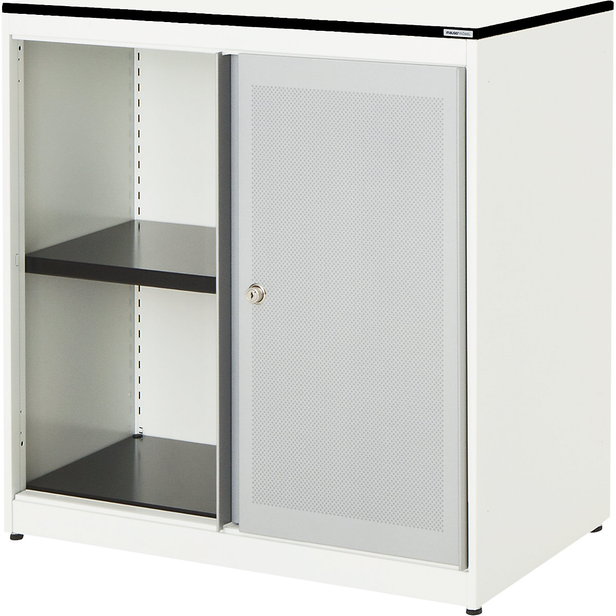 mauser Schiebetürenschrank, akustisch wirksam, Vollkernplatte, HxBxT 818 x 800 x 432 mm, 1 Fachboden, reinweiß / weißaluminium / weiß