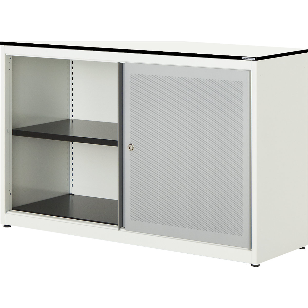 mauser Schiebetürenschrank, akustisch wirksam, Vollkernplatte, HxBxT 818 x 1200 x 432 mm, 1 Fachboden, reinweiß / weißaluminium / weiß