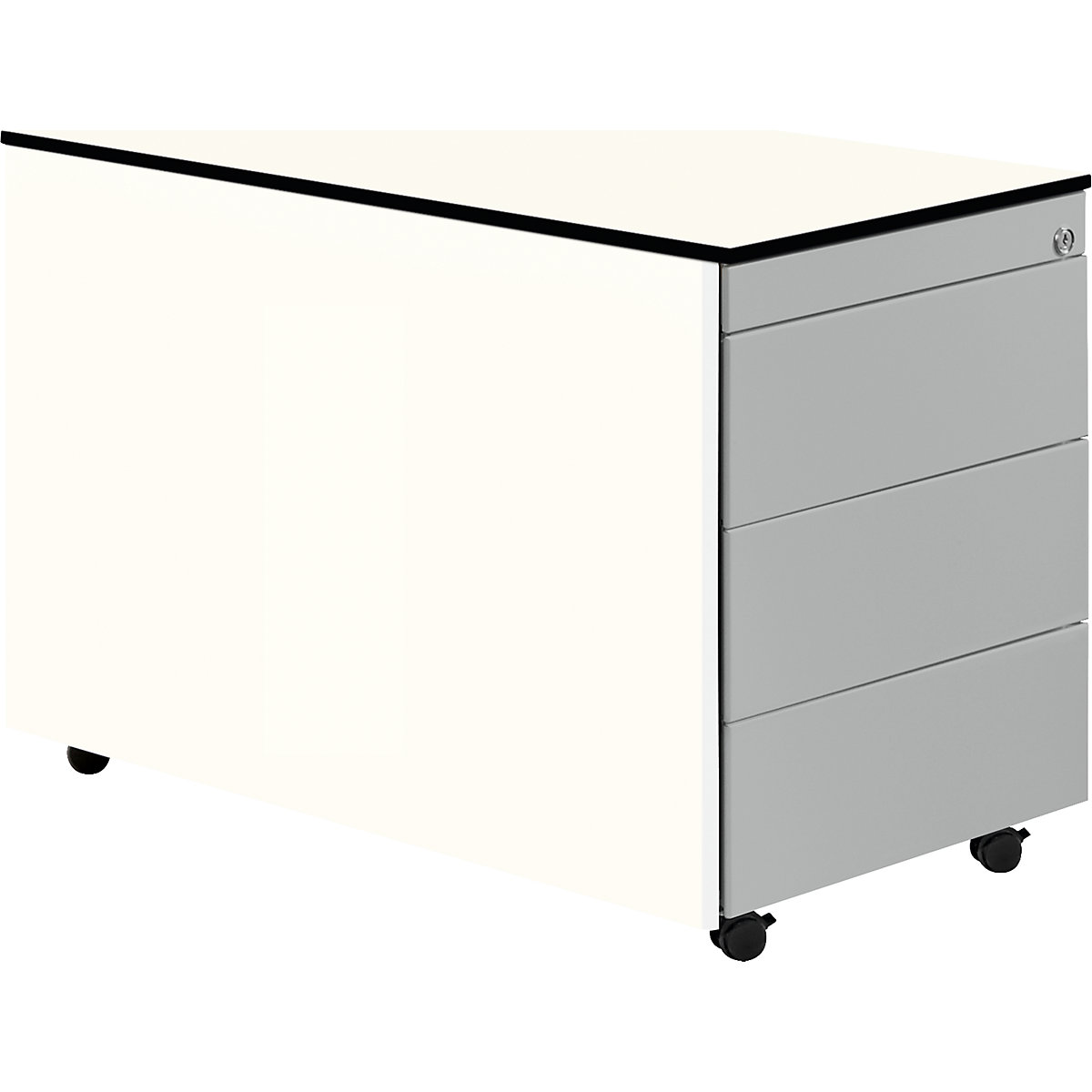 mauser Schubladencontainer mit Rollen, HxT 573 x 800 mm, HPL-Vollkernplatte, 3 Schubladen, reinweiß / weißaluminium / weiß