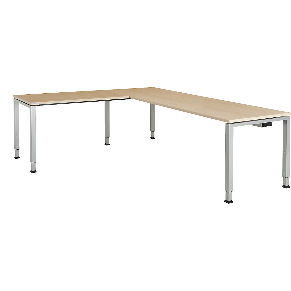 mauser Schreibtisch, verkettet, Fußform Quadrat-/Rechteckrohr, HxBxT 650 – 850 x 2000 x 800 mm, Winkelansatz links (Breite 1200 mm), Platte Ahorn Dekor, Gestell alufarben