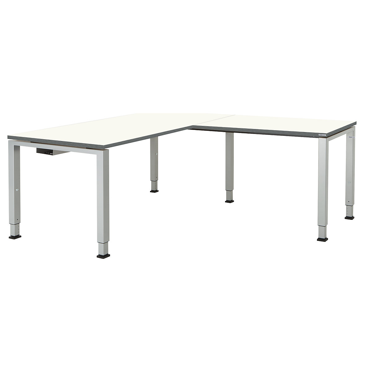 mauser Schreibtisch, verkettet, Fußform Quadrat-/Rechteckrohr, HxBxT 650 – 850 x 1600 x 800 mm, Winkelansatz rechts (Breite 1000 mm), Platte weiß, Gestell alufarben
