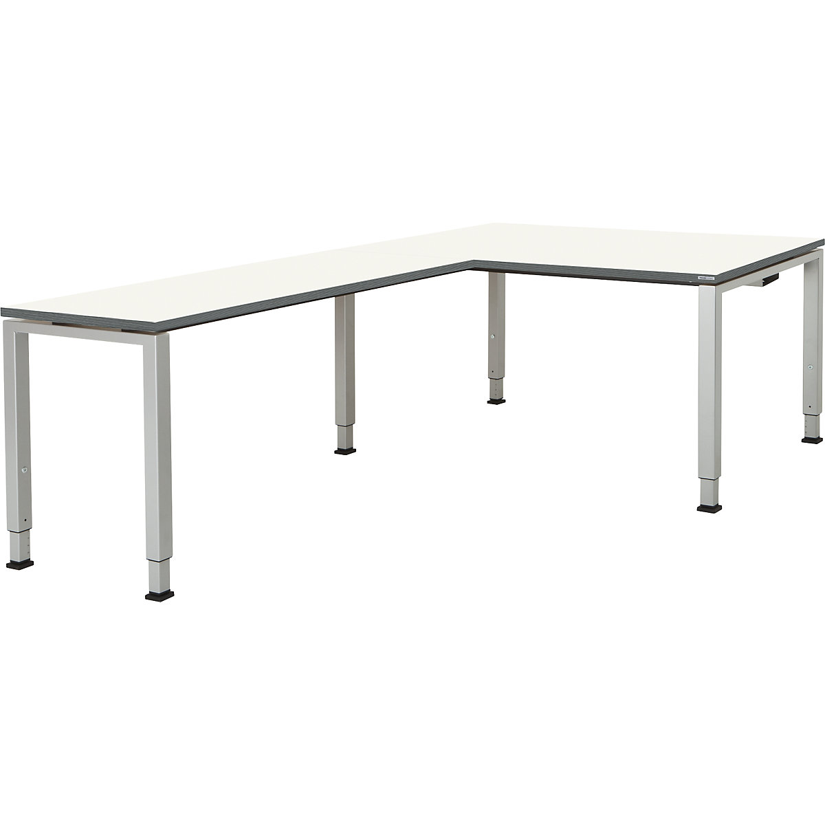 mauser Schreibtisch, verkettet, Fußform Quadrat-/Rechteckrohr, HxBxT 650 – 850 x 1600 x 900 mm, Winkelansatz links (Breite 1200 mm), Platte weiß, Gestell alufarben