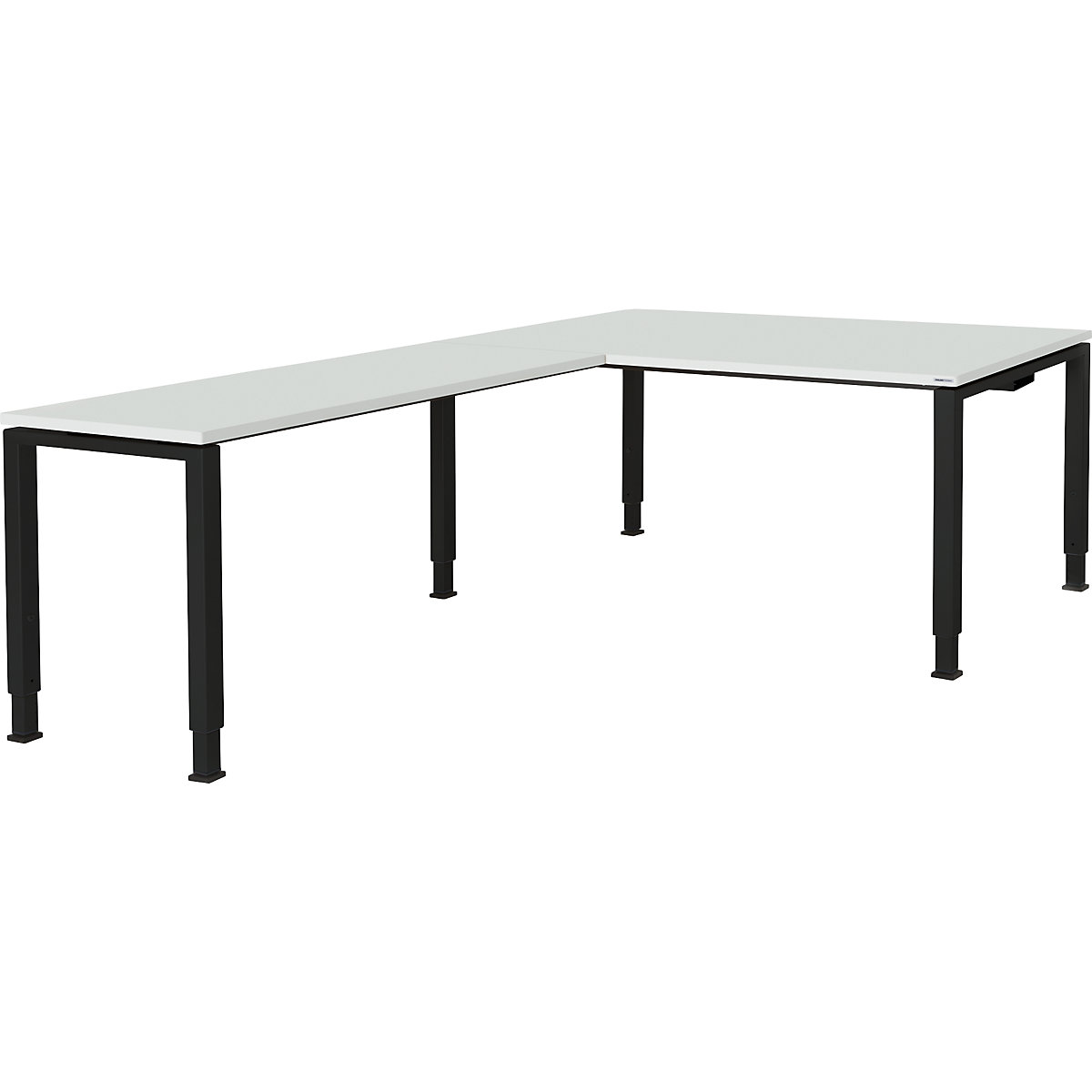 mauser Schreibtisch, verkettet, Fußform Quadrat-/Rechteckrohr, HxBxT 650 – 850 x 1600 x 900 mm, Winkelansatz links (Breite 1200 mm), Platte lichtgrau, Gestell anthrazitgrau