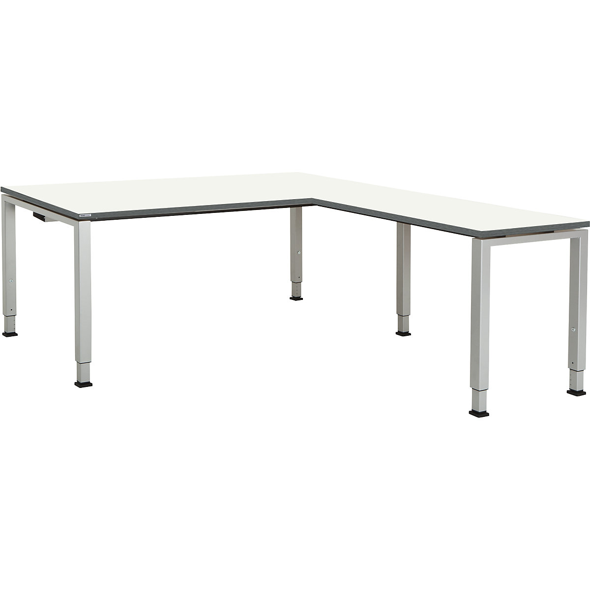 mauser Schreibtisch, verkettet, Fußform Quadrat-/Rechteckrohr, HxBxT 650 – 850 x 1800 x 900 mm, Winkelansatz rechts (Breite 1000 mm), Platte weiß, Gestell alufarben