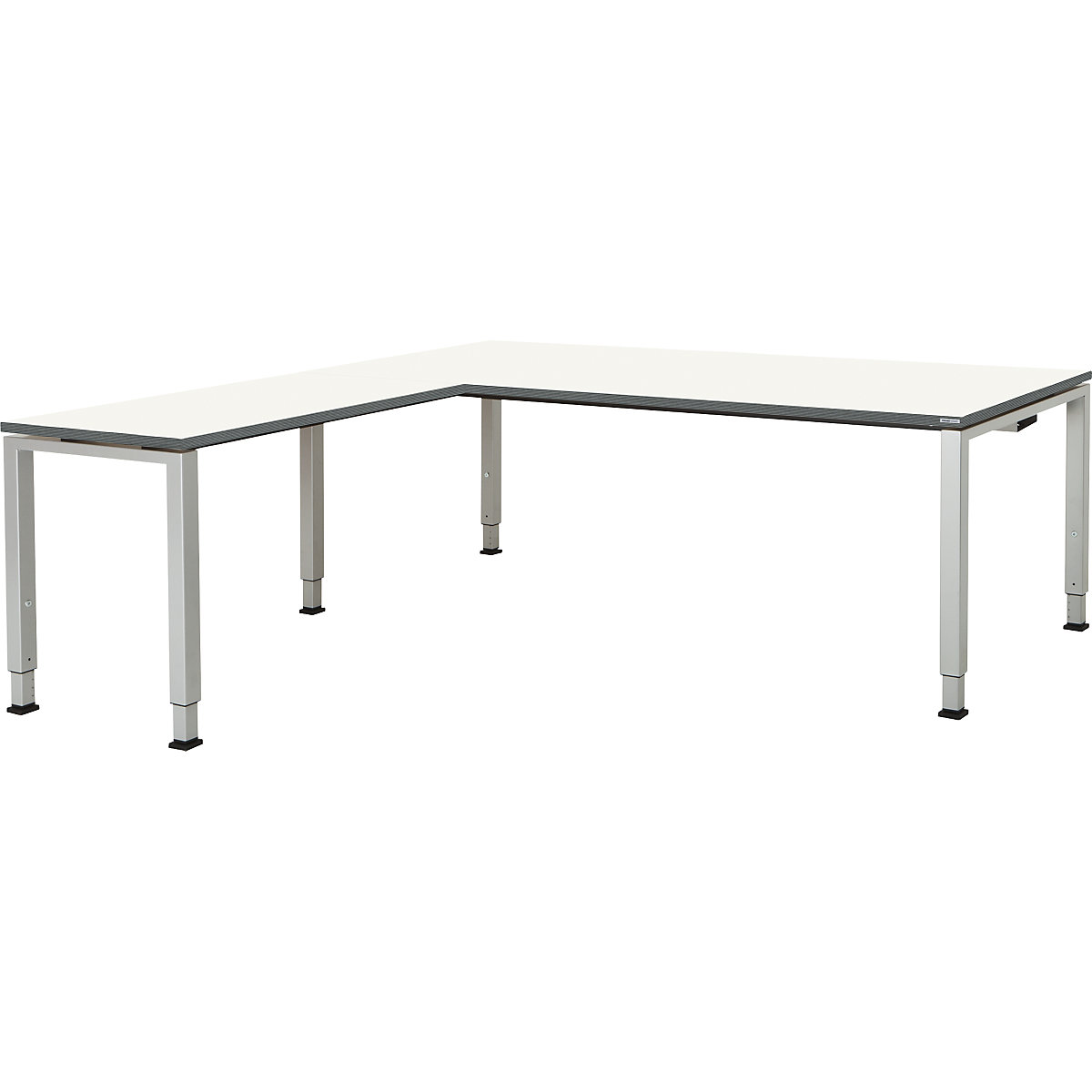 mauser Schreibtisch, verkettet, Fußform Quadrat-/Rechteckrohr, HxBxT 650 – 850 x 2000 x 900 mm, Winkelansatz links (Breite 1000 mm), Platte weiß, Gestell alufarben
