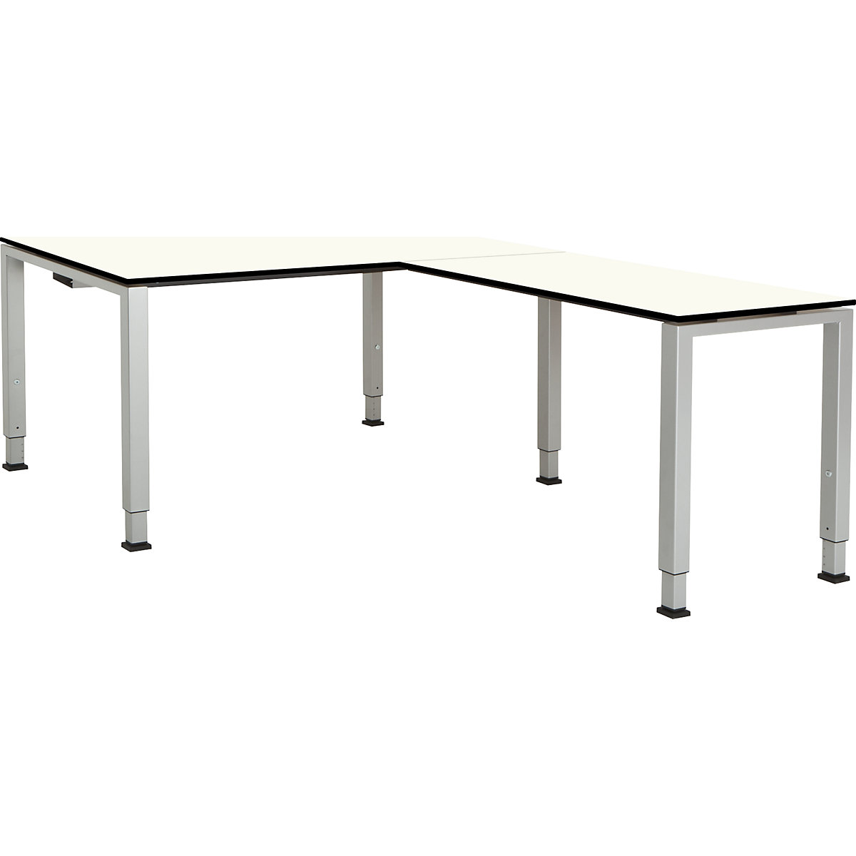mauser Schreibtisch, verkettet, Fußform Quadrat-/Rechteckrohr, HxBxT 650 – 850 x 1600 x 900 mm, Vollkernplatte, Winkelansatz rechts, Platte weiß, Gestell alufarben