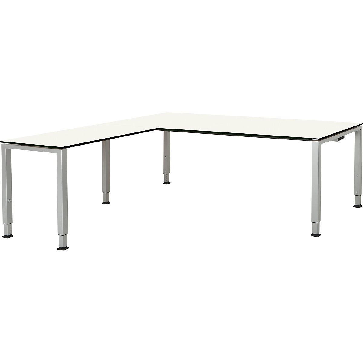 mauser Schreibtisch, verkettet, Fußform Quadrat-/Rechteckrohr, HxBxT 650 – 850 x 2000 x 900 mm, Vollkernplatte, Winkelansatz links, Platte weiß, Gestell alufarben