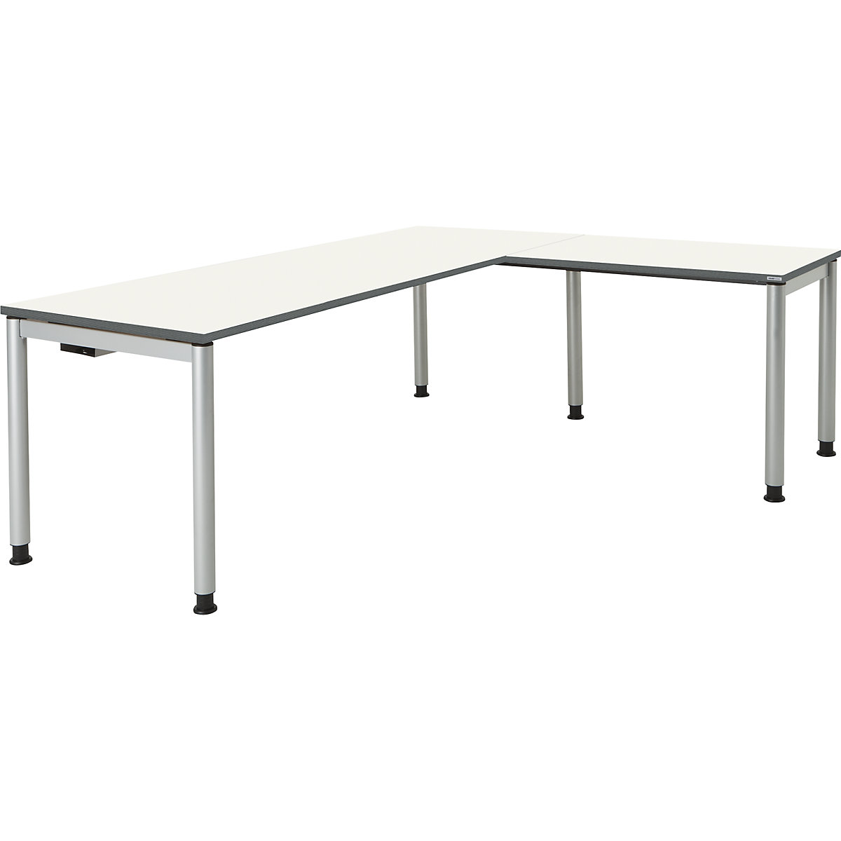 mauser Schreibtisch, verkettet, Fußform Rundrohr, HxBxT 680 – 760 x 2000 x 800 mm, Winkelansatz rechts, Platte weiß, Gestell alufarben