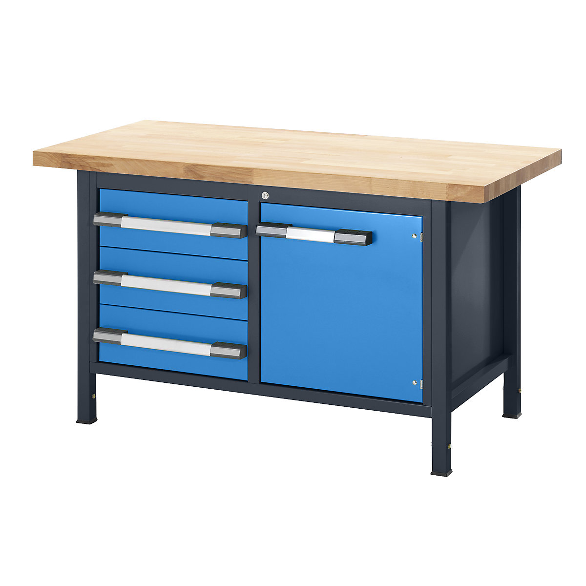 Bancada de trabalho ajustável em altura, estrutura modular – eurokraft pro, 3 gavetas, 1 porta de batente, largura 1500 mm, antracite / azul-0